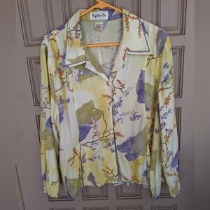 Key Lime Pie Blouse SzL Tencel/Cotton Lavender/Yellow Long Sleeves Button Front